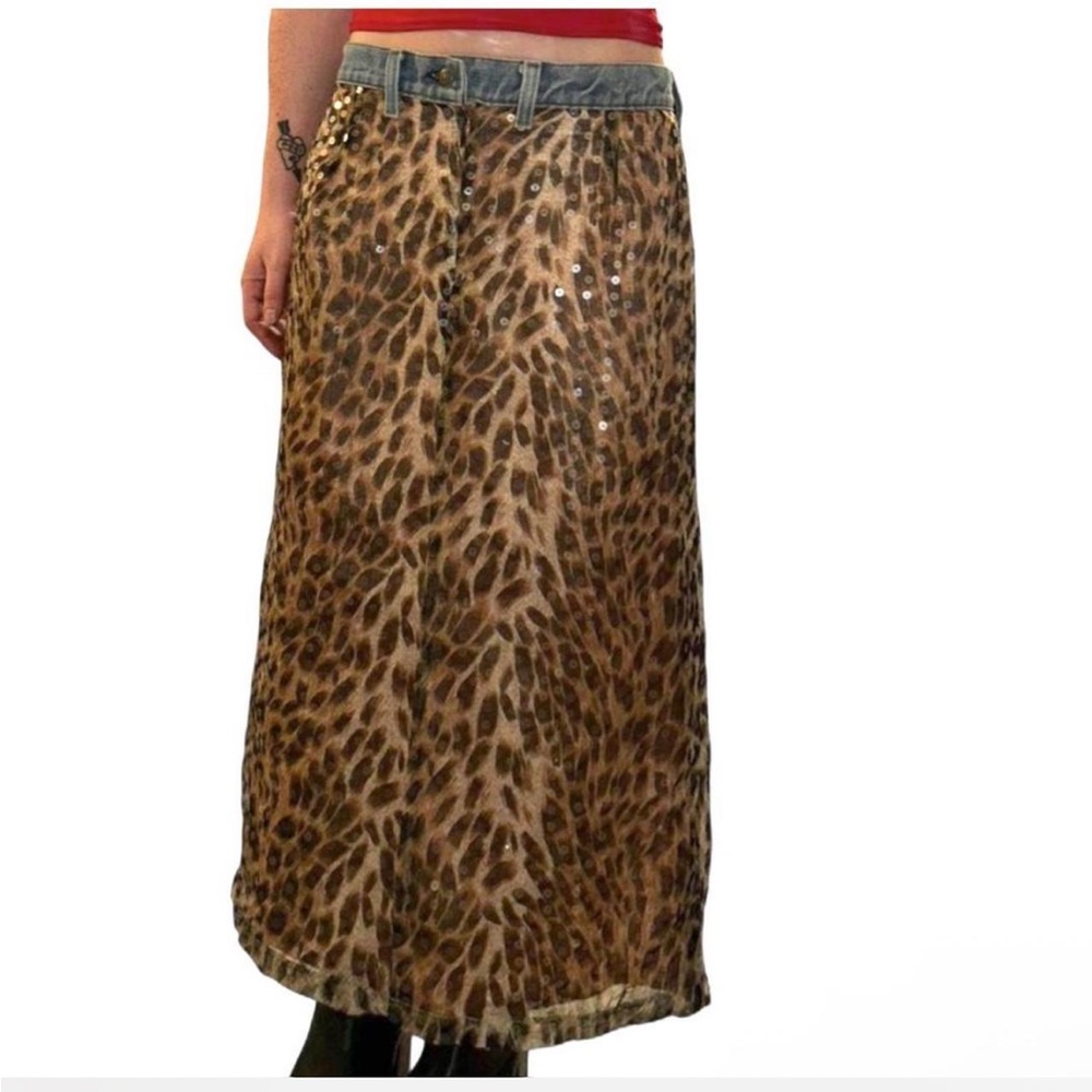 Y2K Leopard Print sheer sequin Maxi Skirt